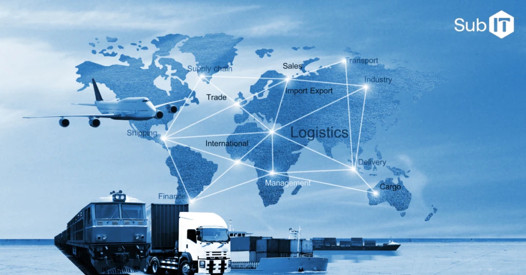 Global logistics and supply chain transport network illustration