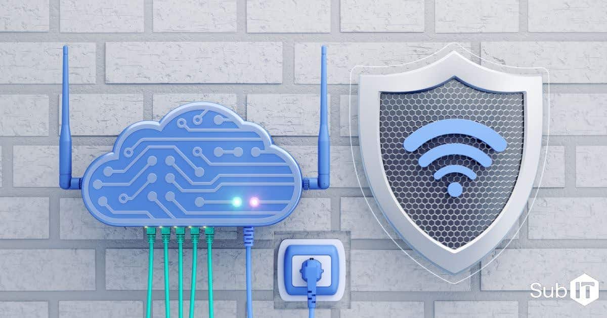 a digital looking cloud connected to ethernet cables, looking like a modem, next to a shield with a drawing of wifi lines on it symbolizing cyber security