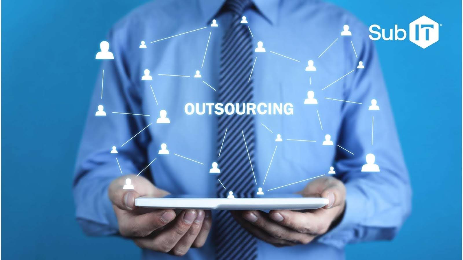 Person holding tablet, connected outsourcing network icons.