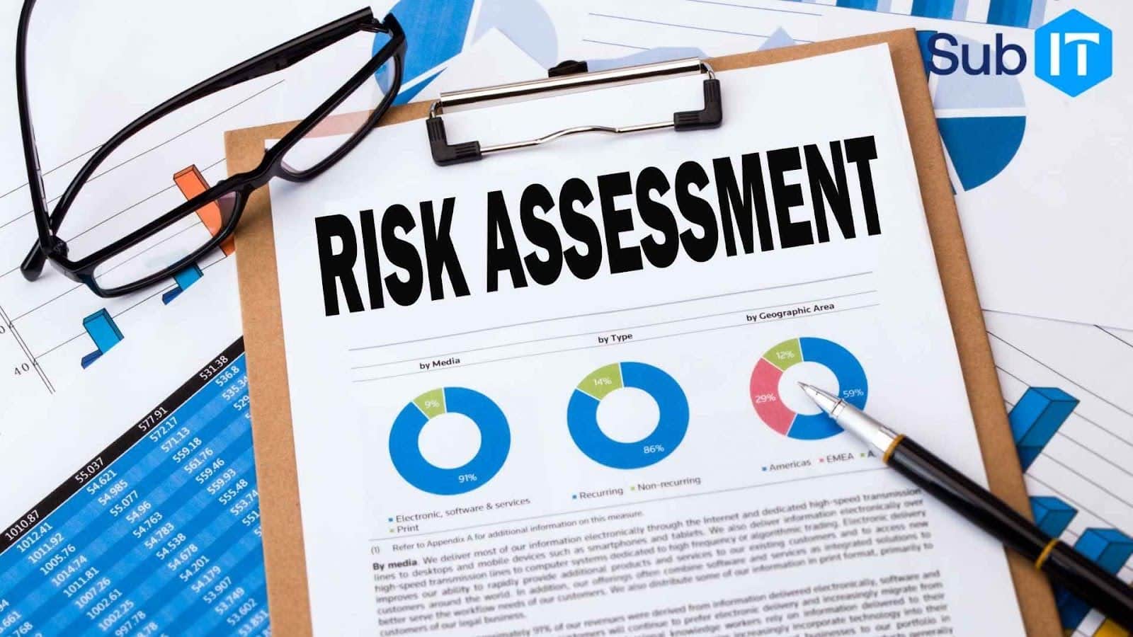 Risk assessment document with charts and glasses.