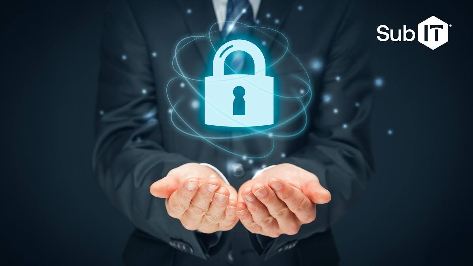 Hands holding digital security padlock graphic.