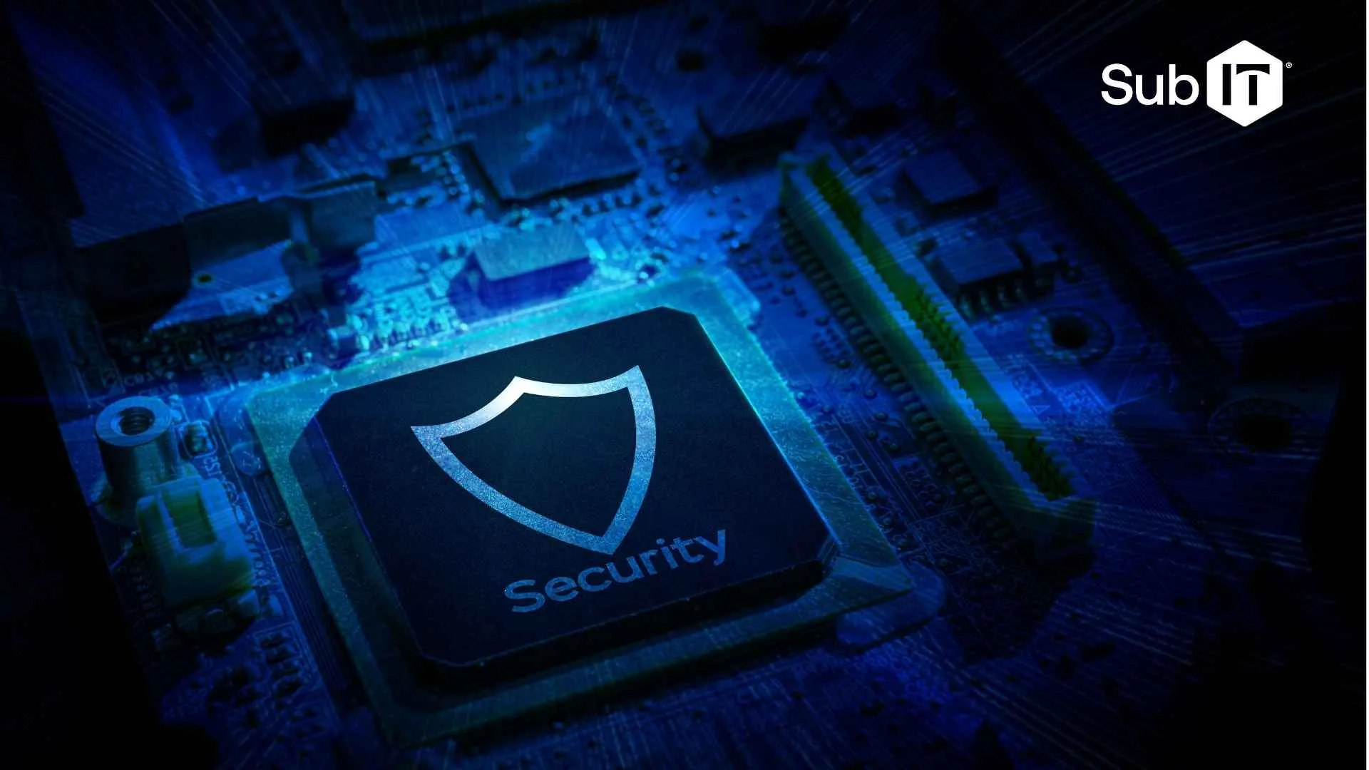 Cybersecurity chip on blue motherboard