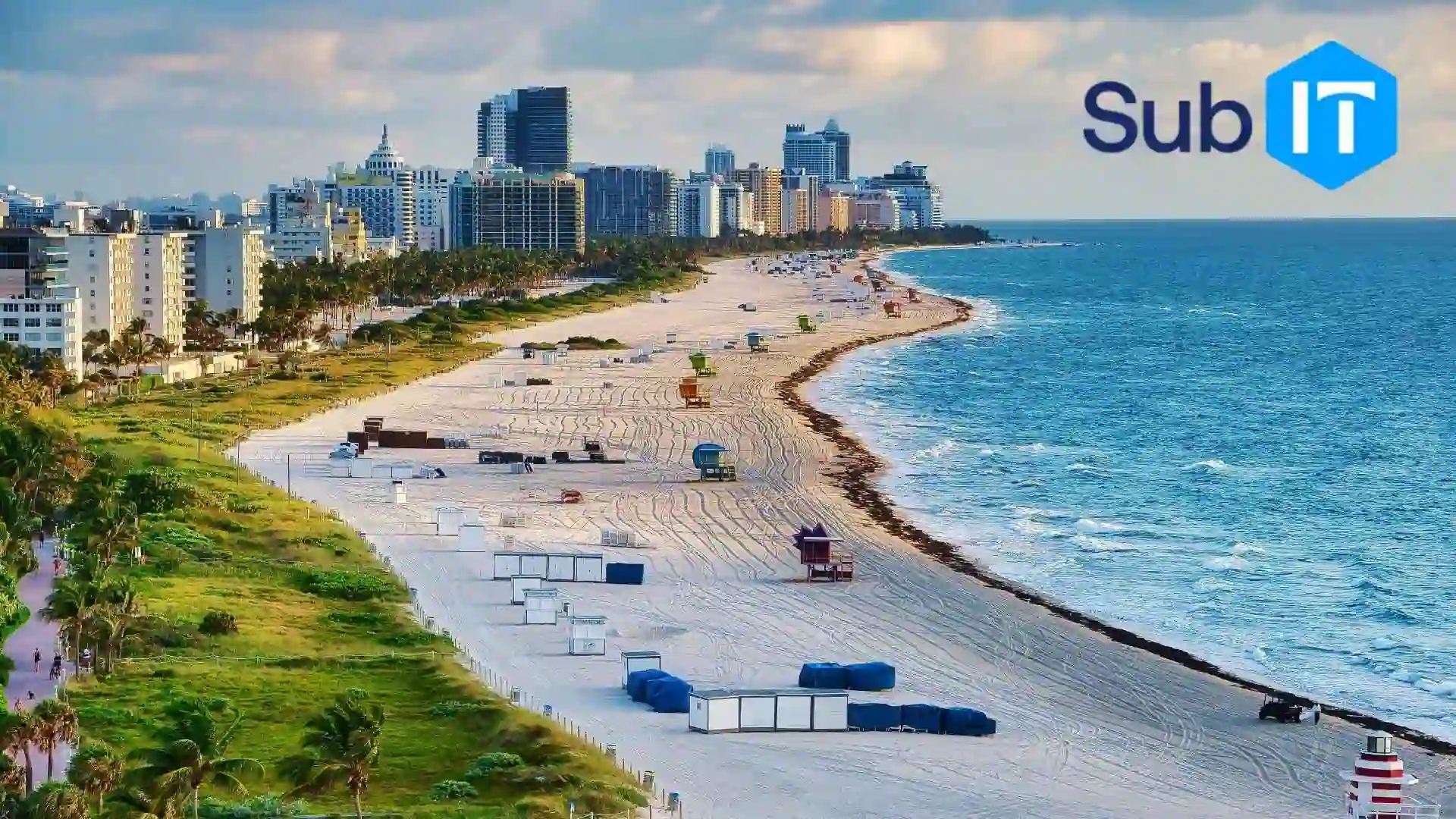 Miami skyline overlooking sandy beach and ocean