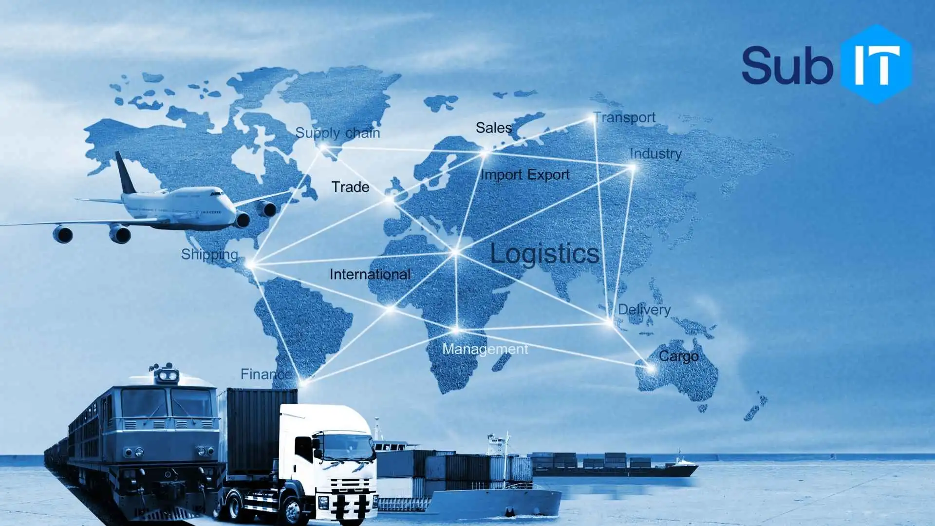 Global logistics network with transport and trade connections representing managed IT services