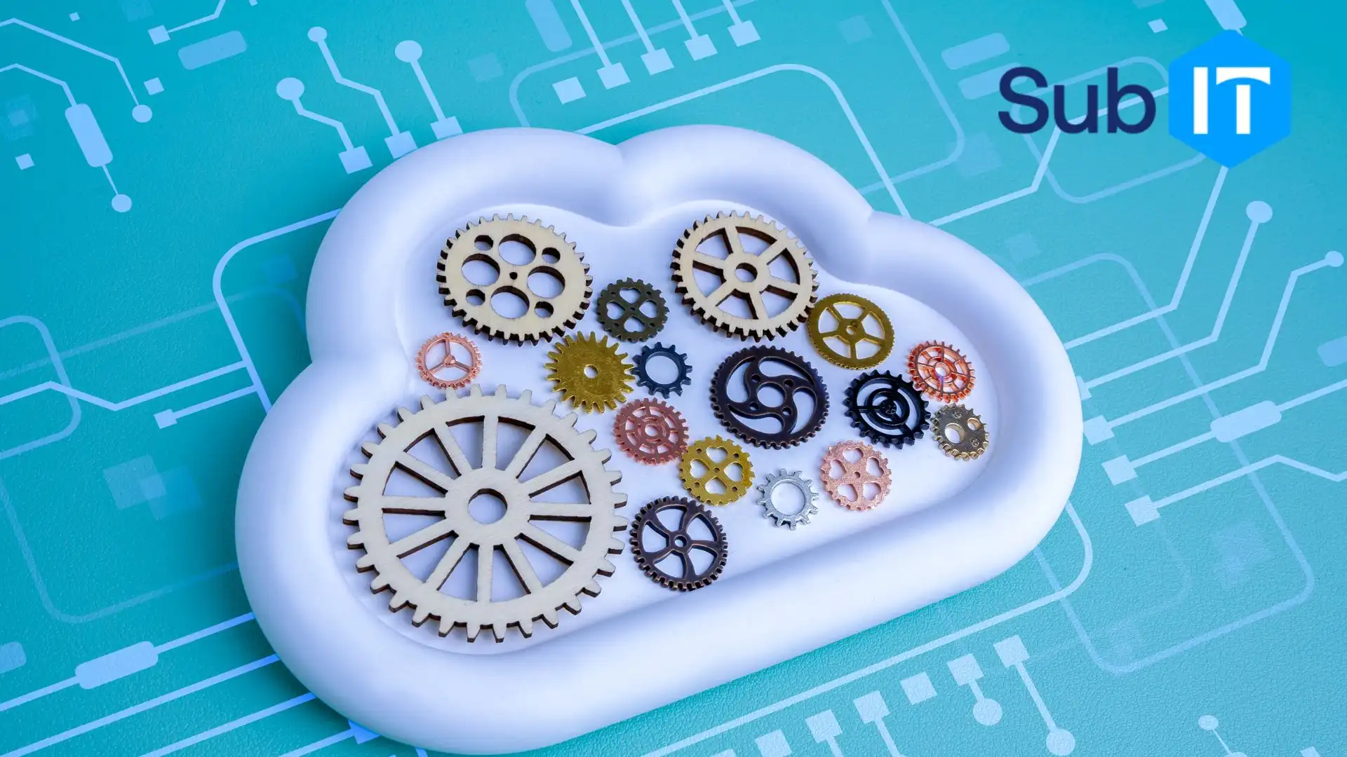 Cloud computing concept with gears and circuits