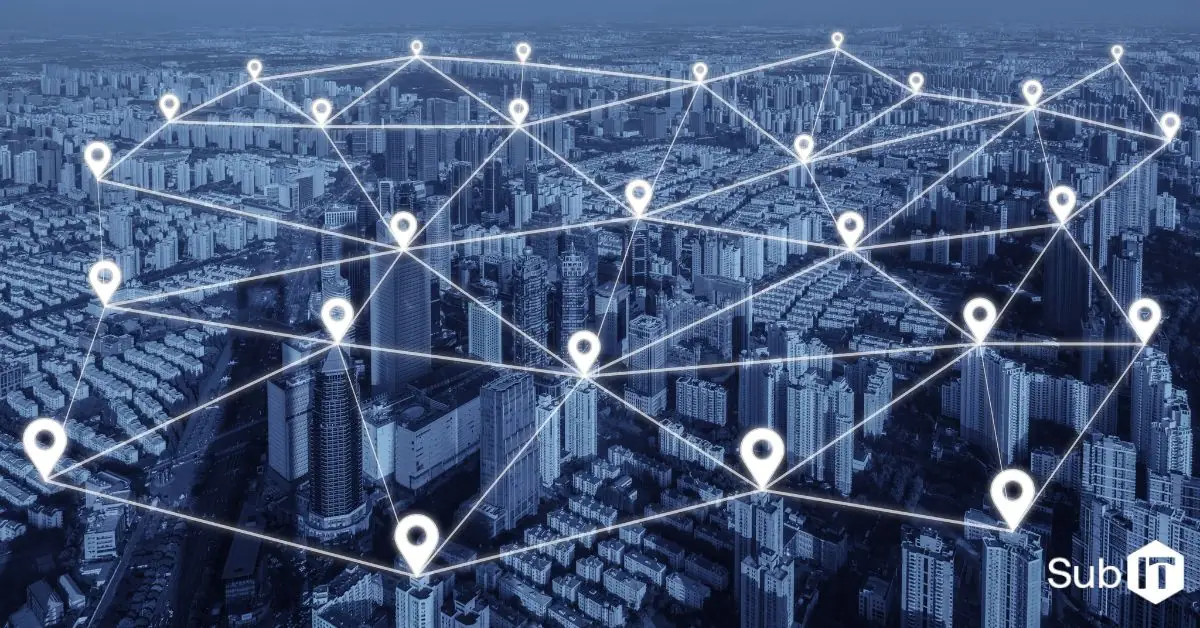 Smart city network connections over urban skyline