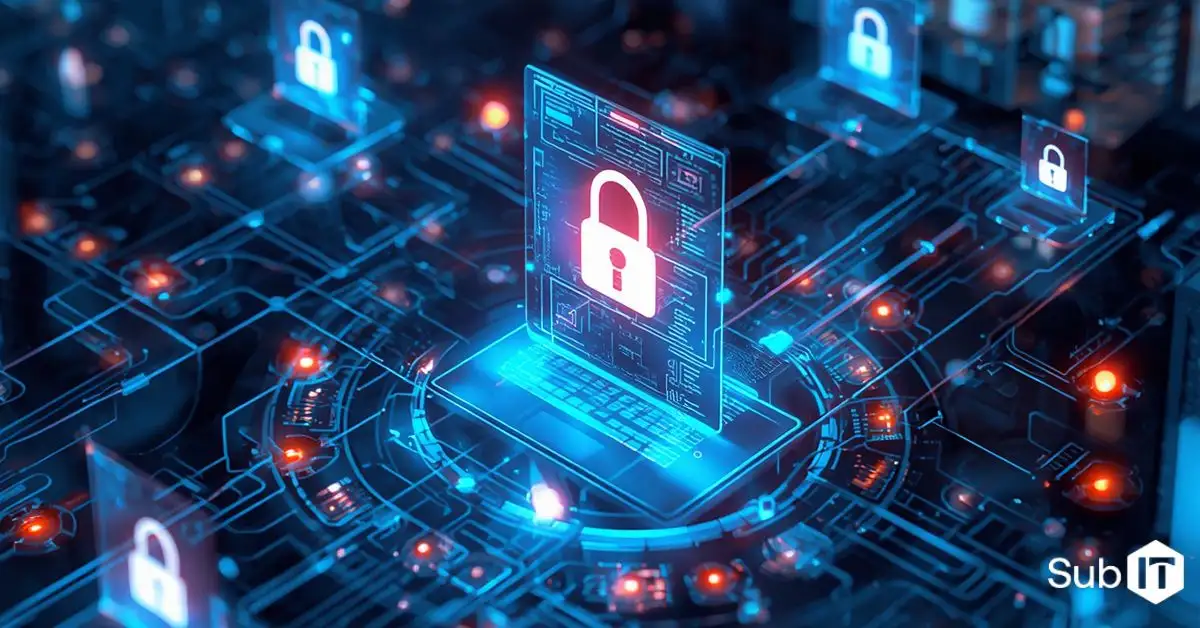 Laptop with glowing padlock and network security icons