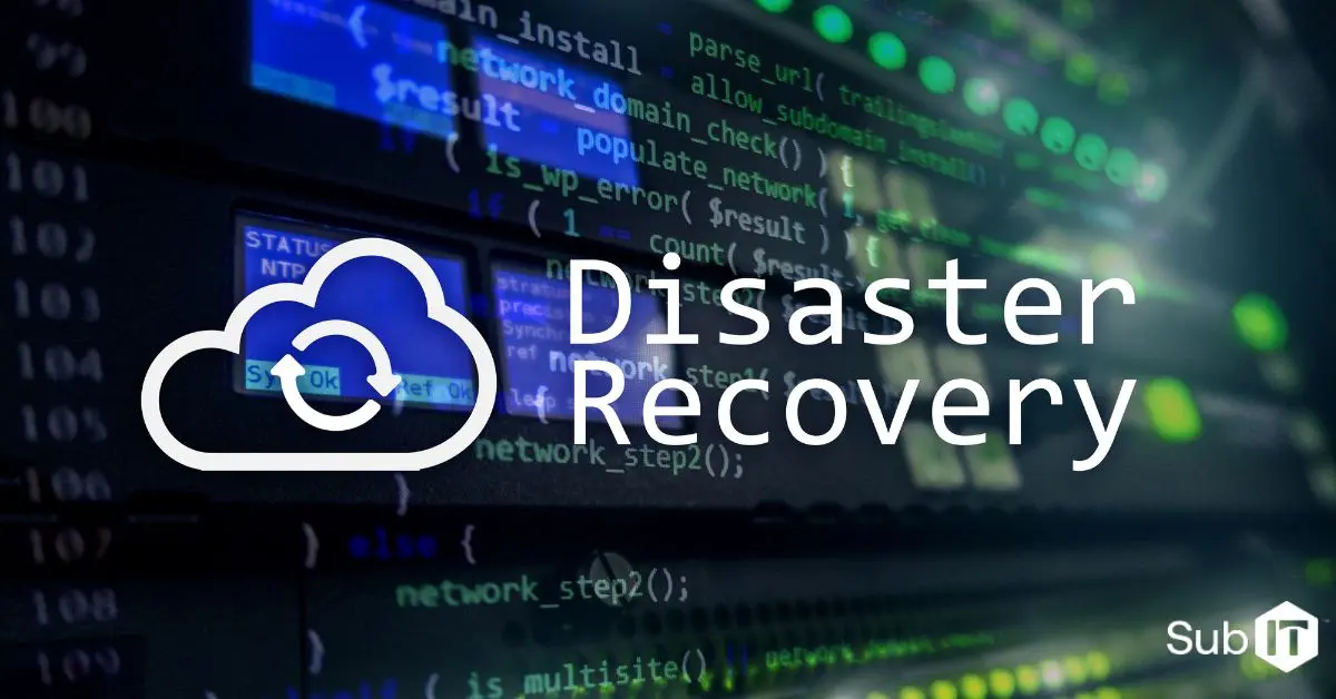 Disaster recovery concept with cloud and code background