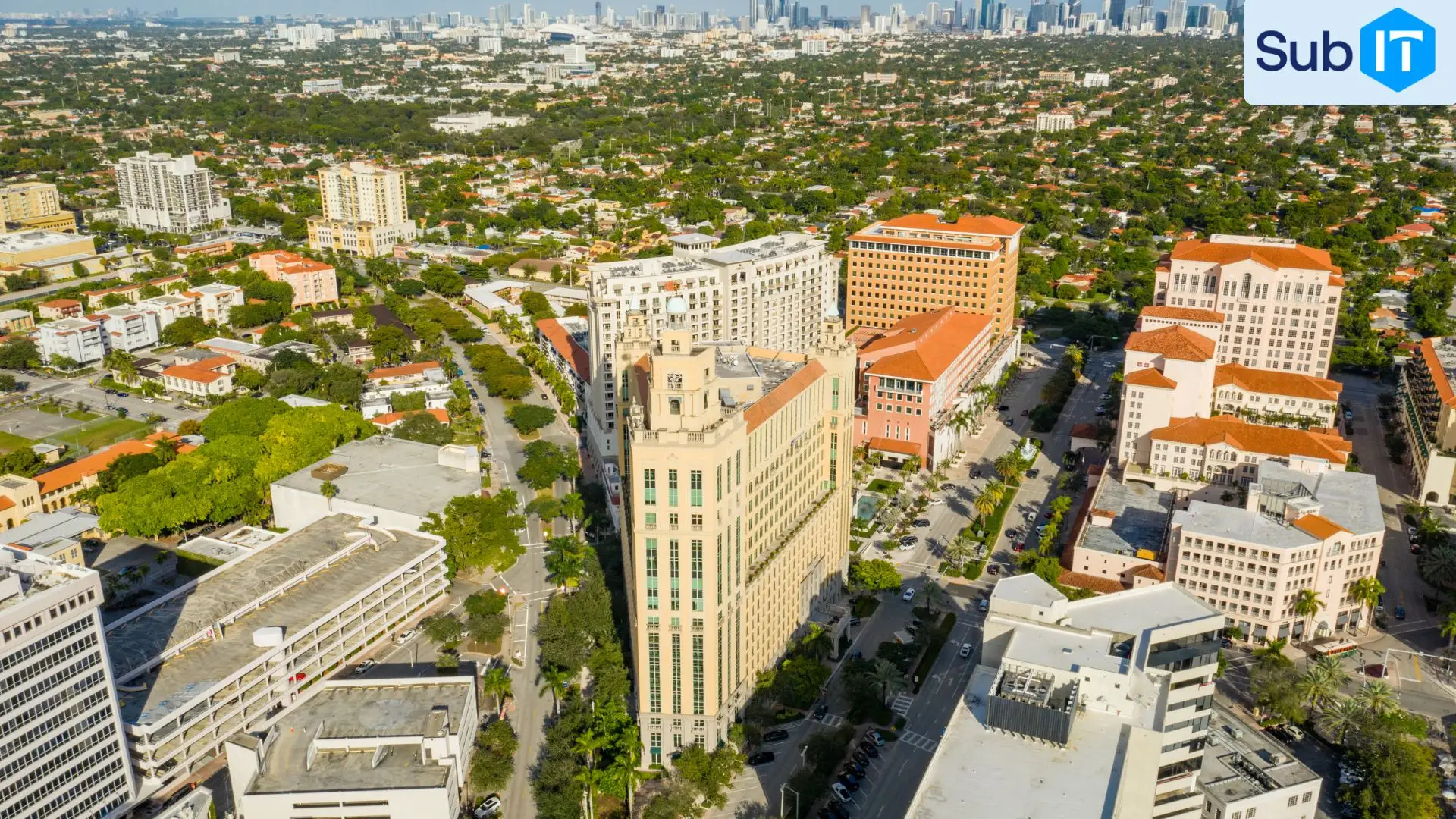 Aerial view of Coral Gables cityscape with skyline