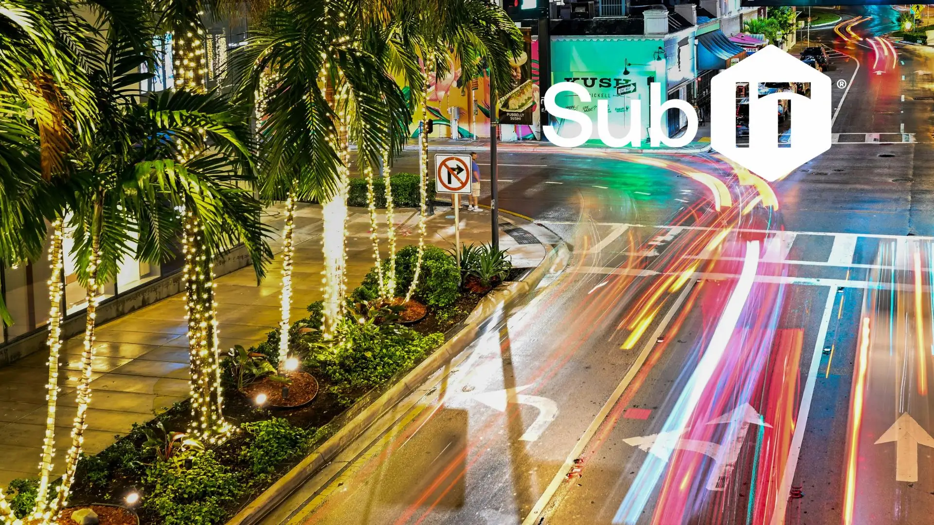 Night city street with palm trees and light trails