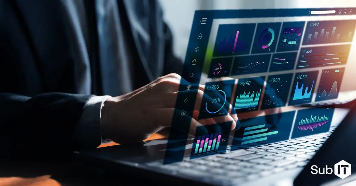 Person using laptop with colorful data analytics dashboard