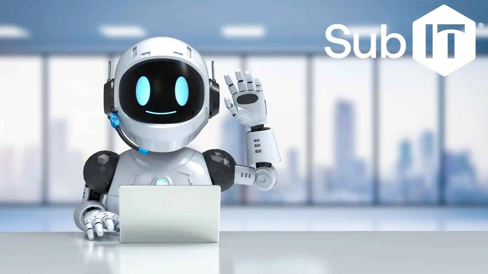 Friendly ai robot waves beside laptop with SubIt logo